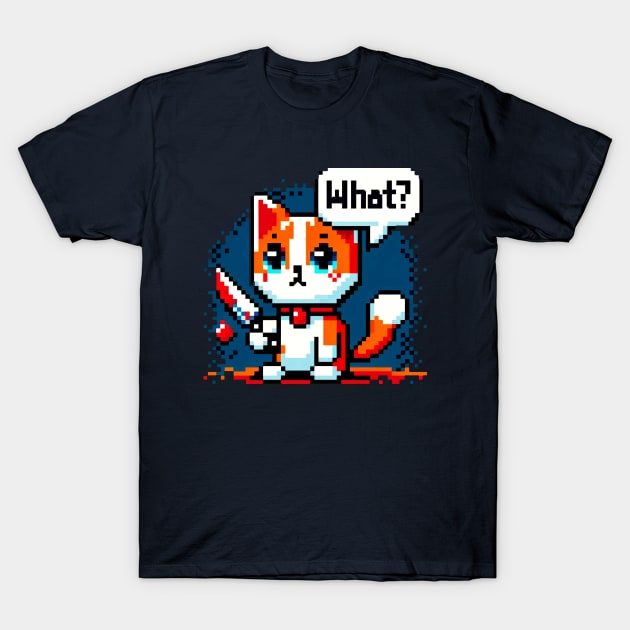 Pixelated Mischievous Cat with Knife - Quirky Pixel Art Humor T-Shirt by Pixel Punkster